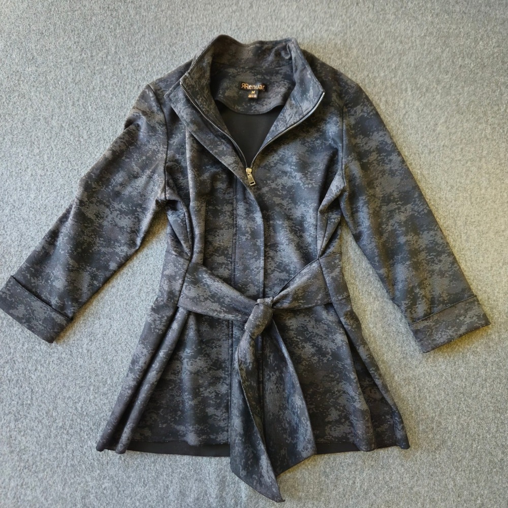 RENUAR Grey Camo Belted Funnel Neck Jacket Sz Medium Chic Careerwear Office Rare